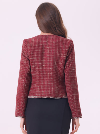 Plaid Tweed Long Sleeve Open Front Work Office Cropped Jacket Blazer