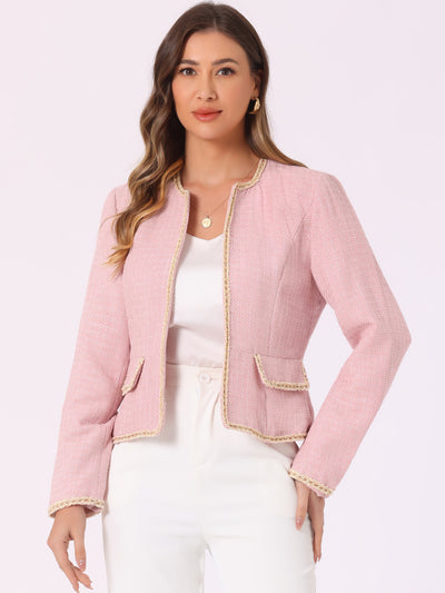 Plaid Tweed Long Sleeve Open Front Work Office Cropped Jacket Blazer