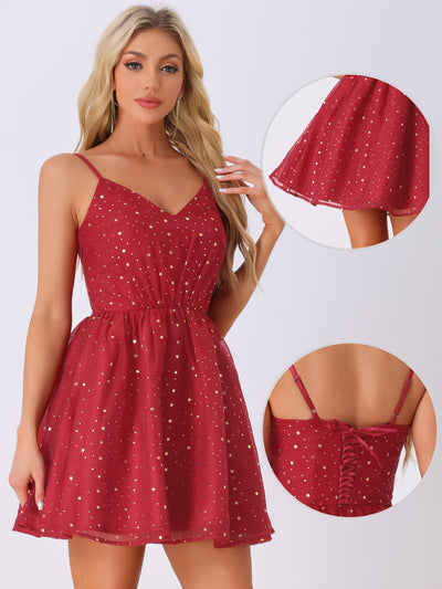 Spaghetti Strap Organza Fit and Flare Party Metallic Stars Mini Dress