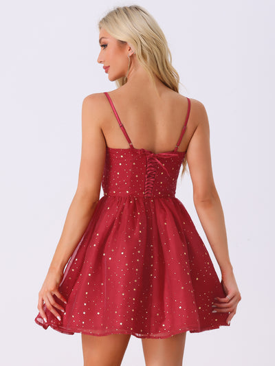 Spaghetti Strap Organza Fit and Flare Party Metallic Stars Mini Dress