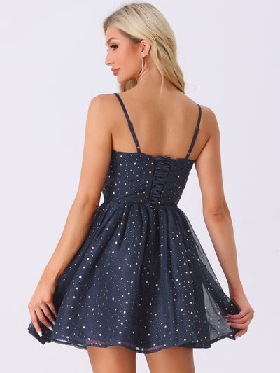 Spaghetti Strap Organza Fit and Flare Party Metallic Stars Mini Dress