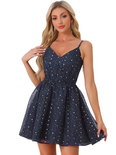 Spaghetti Strap Organza Fit and Flare Party Metallic Stars Mini Dress