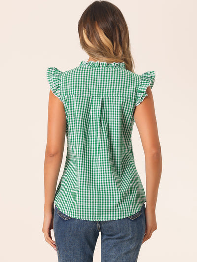 Ruffle Button Down Cap Sleeve Plaid Gingham Blouse