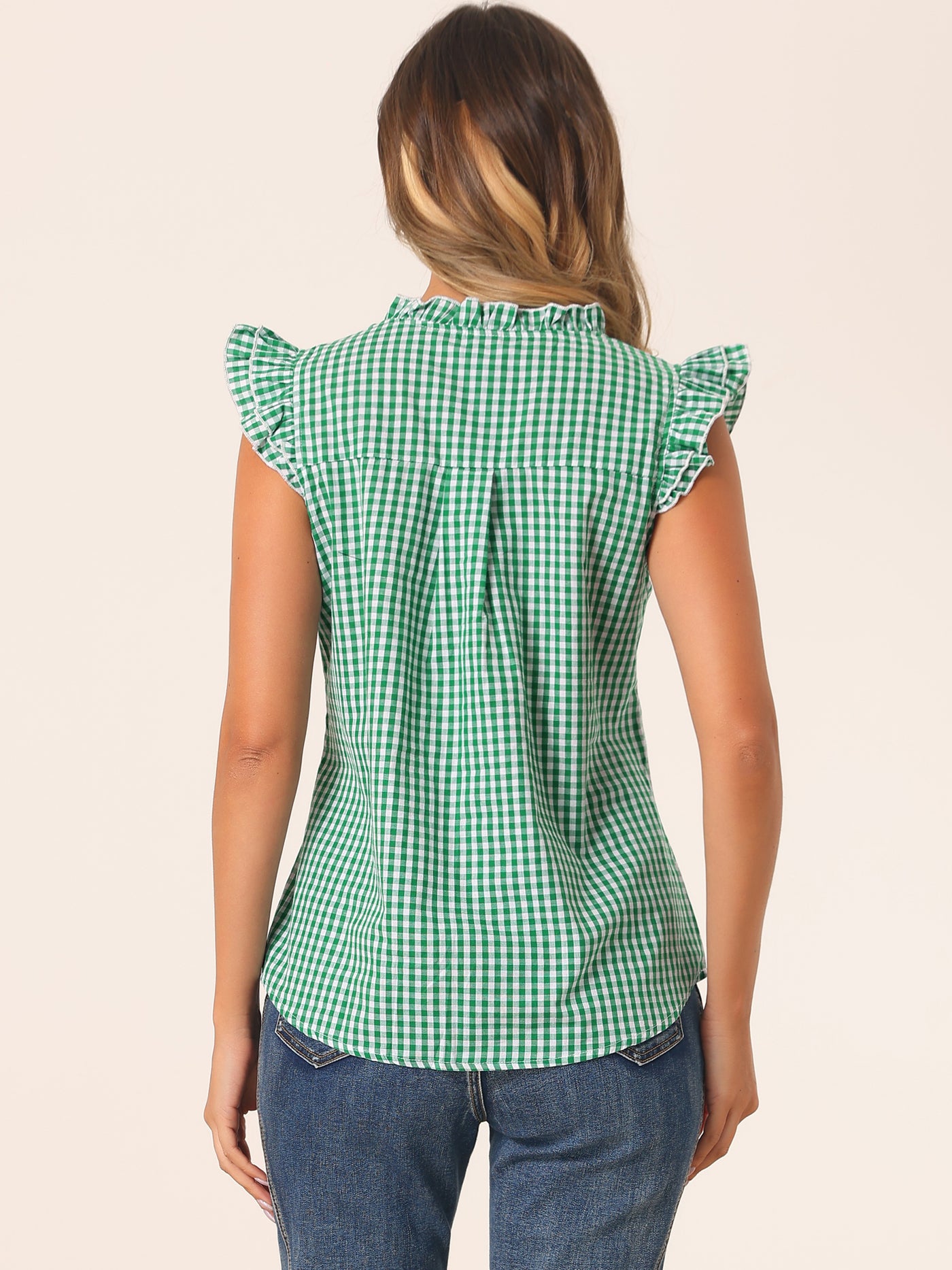 Allegra K Ruffle Button Down Cap Sleeve Plaid Gingham Blouse