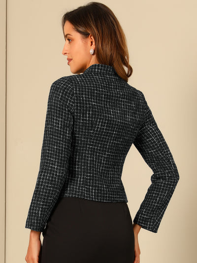 Plaid Tweed Blazer Long Sleeve Button Down Work Office Short Jacket