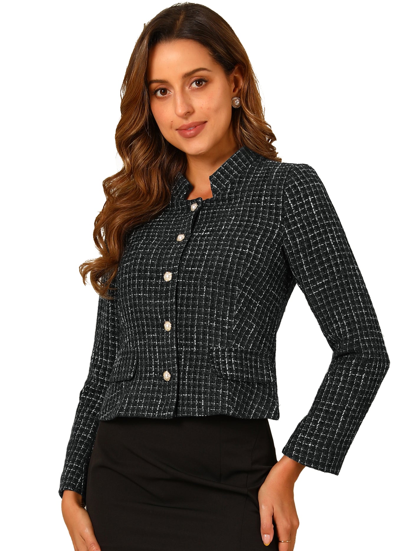 Allegra K Plaid Tweed Blazer Long Sleeve Button Down Work Office Short Jacket