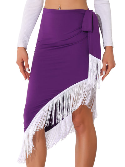 Fringe Trim Bodycon Asymmetrical Ruched Tie Waist Party Midi Skirts