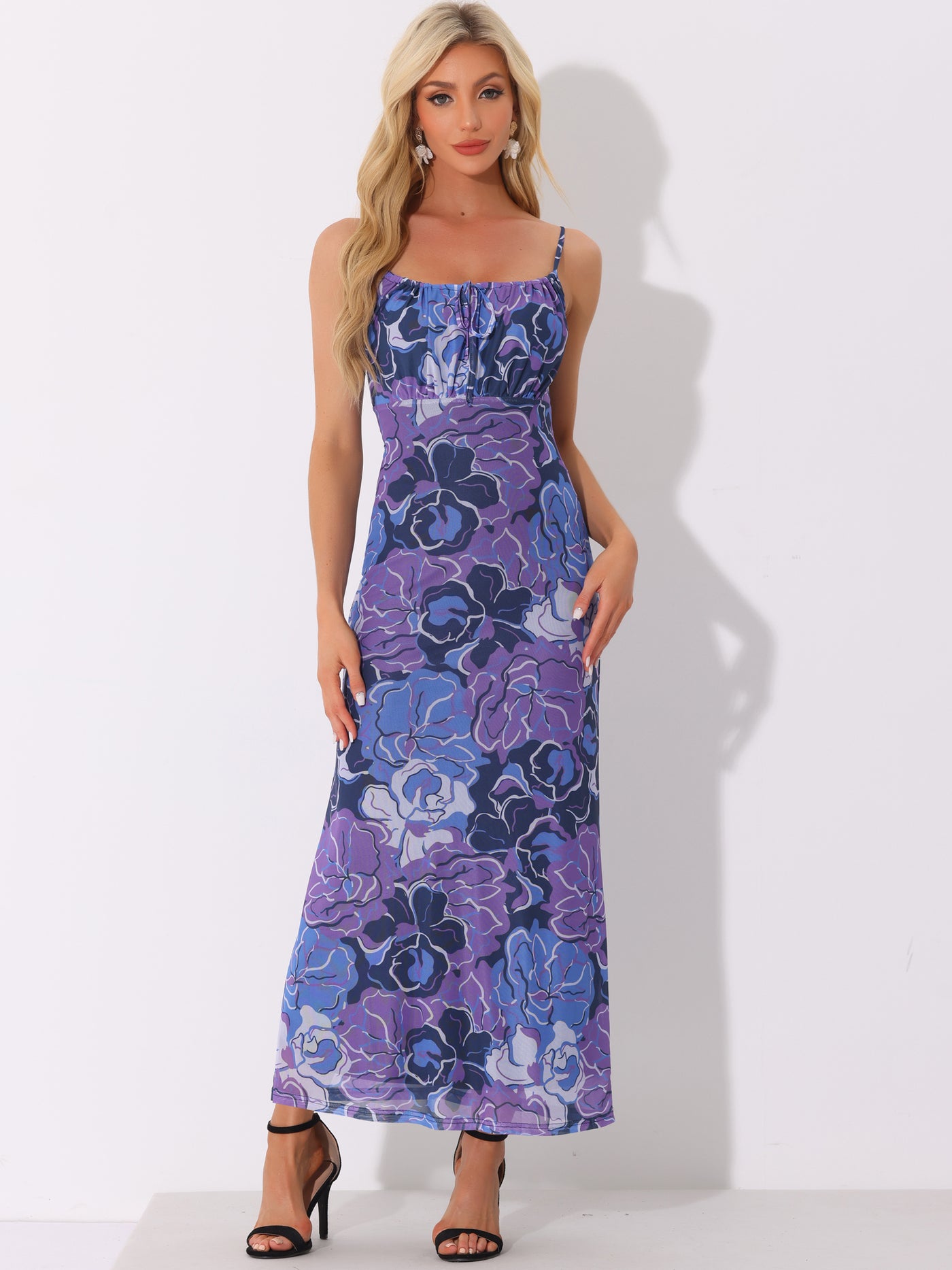 Allegra K Bold Floral Sleeveless Spaghetti Strap Maxi Dress Sundress