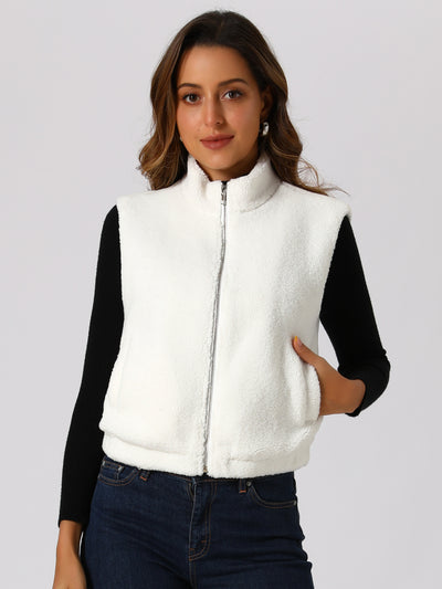 Fuzzy Fleece Sleeveless Pockets Winter Zip Up Jackets Vest