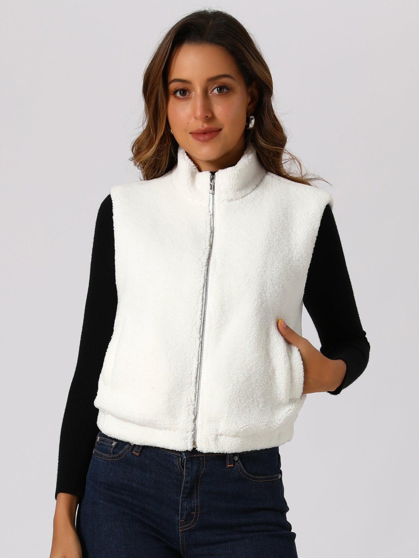 Allegra K Fuzzy Fleece Sleeveless Pockets Winter Zip Up Jackets Vest