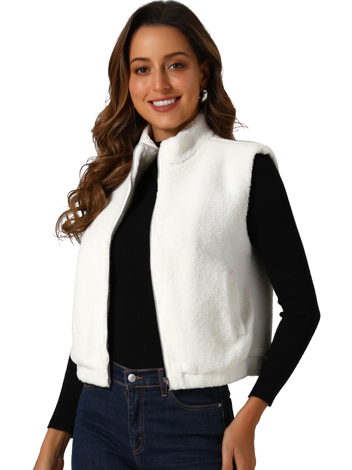 Allegra K Fuzzy Fleece Sleeveless Pockets Winter Zip Up Jackets Vest