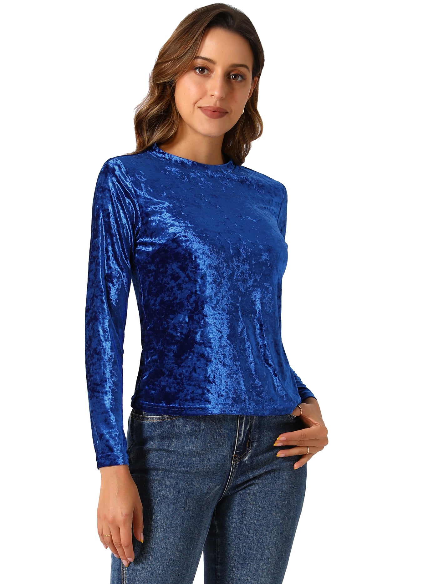 Allegra K Casual Velvet Top Soft Vintage Crew Neck Long Sleeve T-Shirt