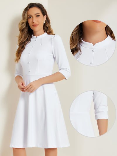 Retro 3/4 Sleeve Stand Collar Office Work Elegant A-Line Dress