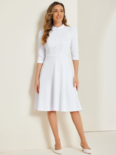 Retro 3/4 Sleeve Stand Collar Office Work Elegant A-Line Dress