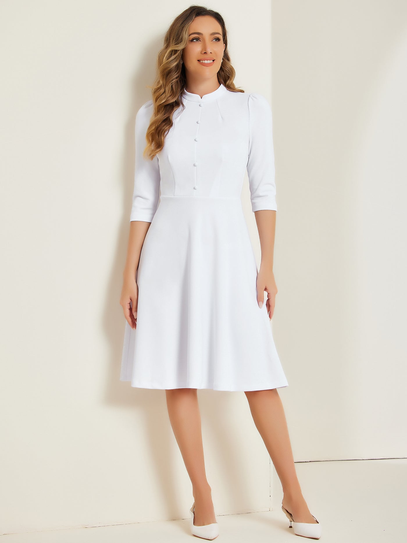 Allegra K Retro 3/4 Sleeve Stand Collar Office Work Elegant A-Line Dress