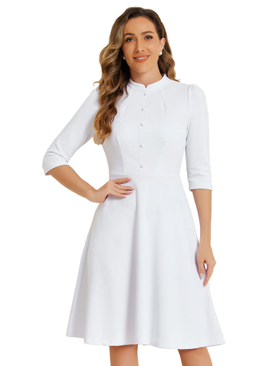 Retro 3/4 Sleeve Stand Collar Office Work Elegant A-Line Dress