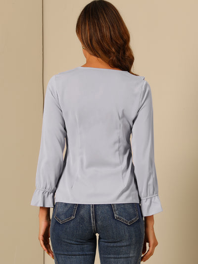 Polyester H Line Ruffle Neck Gathered Cuff Blouse