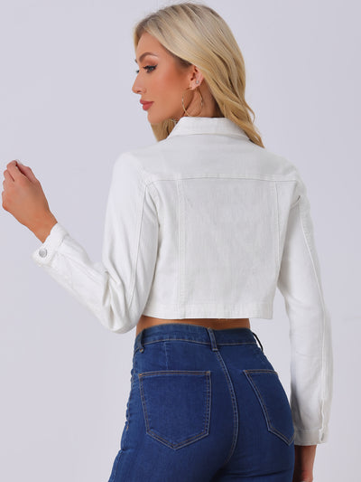 Collared Button Down Long Sleeve Denim Crop Jean Jacket