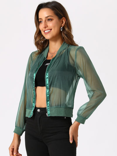 Zip Up See Through Lightweight Long Sleeve Mesh Bomber Jacket