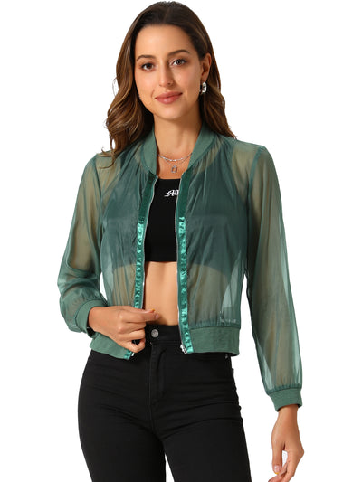 Zip Up See Through Lightweight Long Sleeve Mesh Bomber Jacket