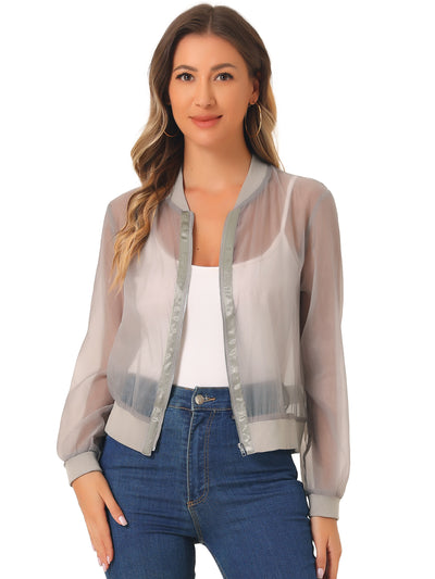 Zip Up See Through Lightweight Long Sleeve Mesh Bomber Jacket