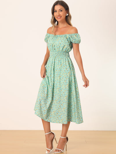 Floral Square Neck Elastic Waist Flare Midi Dress