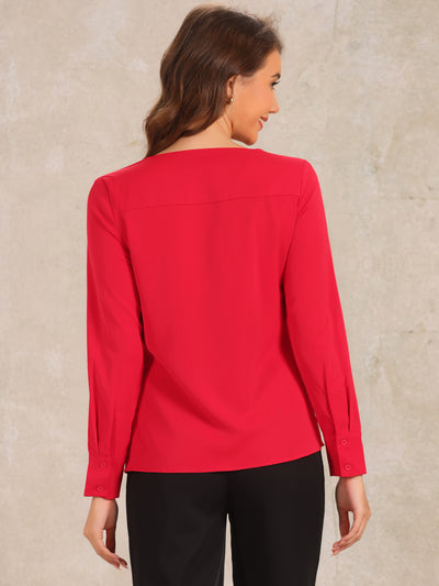 Business Casual Office Long Sleeve V Neck Solid Blouse