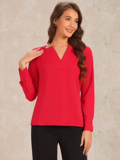 Business Casual Office Long Sleeve V Neck Solid Blouse