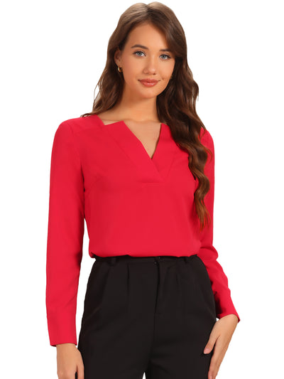 Business Casual Office Long Sleeve V Neck Solid Blouse