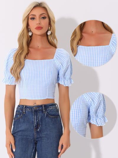 Gingham Bubble Sleeve Smocked Cropped Casual Blouse