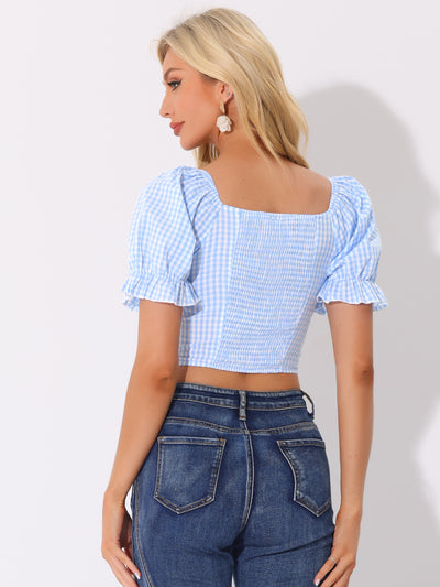 Gingham Bubble Sleeve Smocked Cropped Casual Blouse