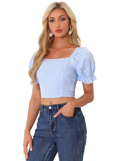 Gingham Bubble Sleeve Smocked Cropped Casual Blouse