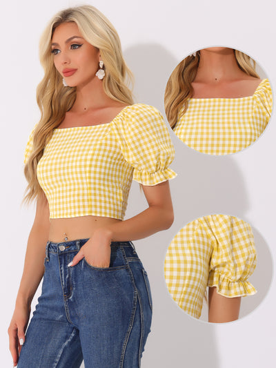 Gingham Bubble Sleeve Smocked Cropped Casual Blouse