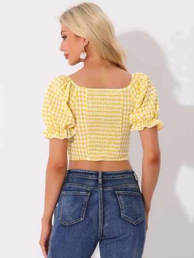 Gingham Bubble Sleeve Smocked Cropped Casual Blouse