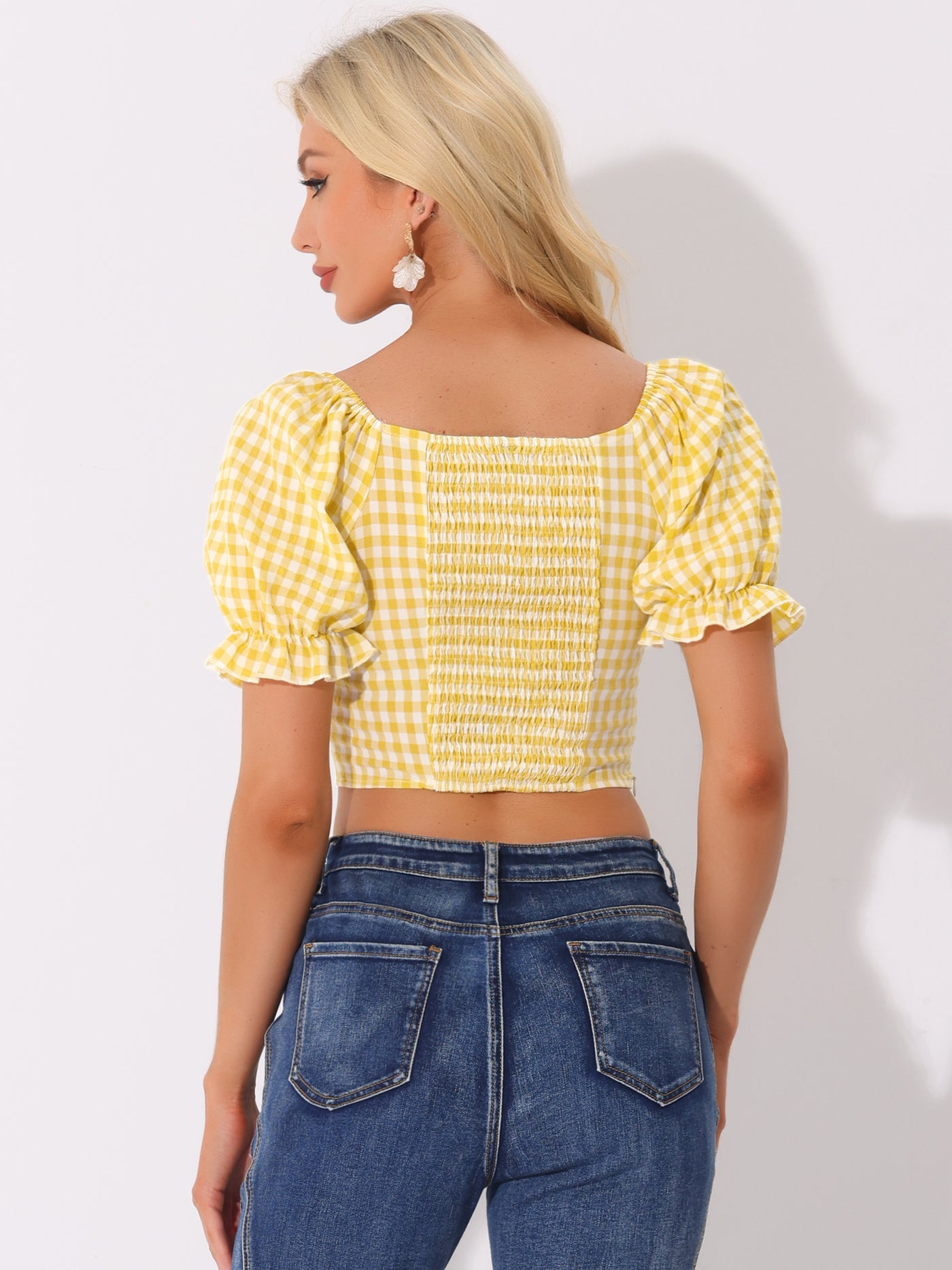 Allegra K Gingham Bubble Sleeve Smocked Cropped Casual Blouse