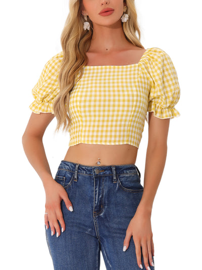 Gingham Bubble Sleeve Smocked Cropped Casual Blouse