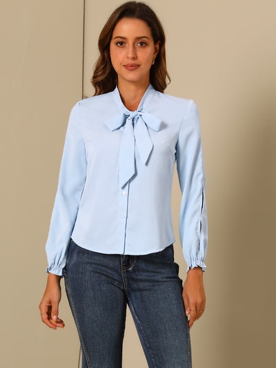 Work Blouse Elegant Bow Tie Neck Long Sleeve Shirt Top