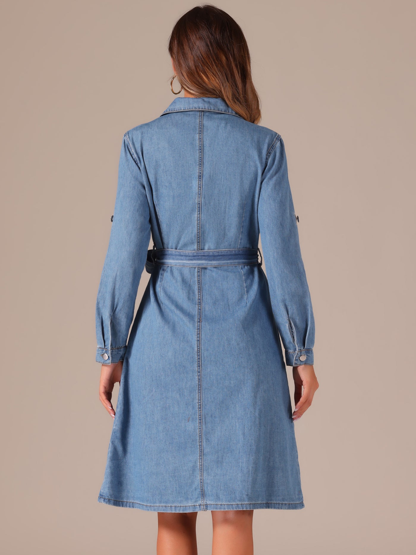 Allegra K Denim Button Down Long Sleeve Belted Classic Jean Shirt Dress