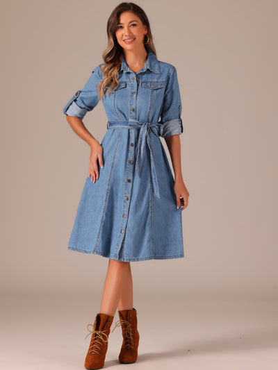 Denim Button Down Long Sleeve Belted Classic Jean Shirt Dress