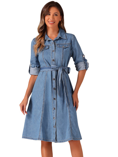 Denim Button Down Long Sleeve Belted Classic Jean Shirt Dress