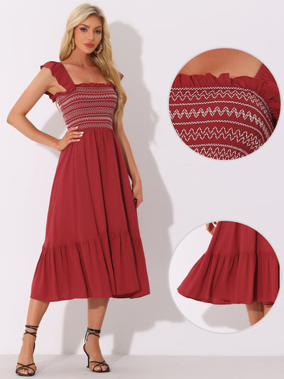 Boho Square Neck Ruffle Tiered Flowy Smocked Midi Dress Sundress