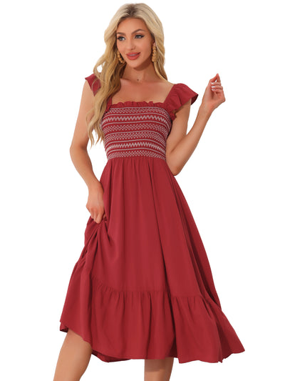 Boho Square Neck Ruffle Tiered Flowy Smocked Midi Dress Sundress