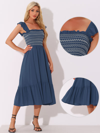 Boho Square Neck Ruffle Tiered Flowy Smocked Midi Dress Sundress