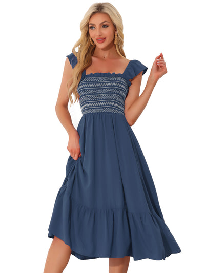 Boho Square Neck Ruffle Tiered Flowy Smocked Midi Dress Sundress