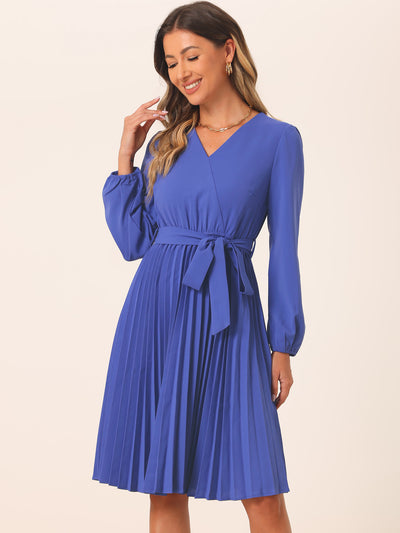 Puff Long Sleeve Flowy A-Line Tie Waist Pleated Midi Dress