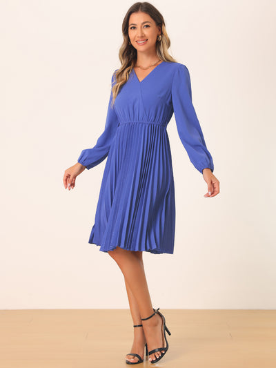 Puff Long Sleeve Flowy A-Line Tie Waist Pleated Midi Dress