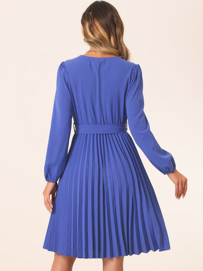 Puff Long Sleeve Flowy A-Line Tie Waist Pleated Midi Dress