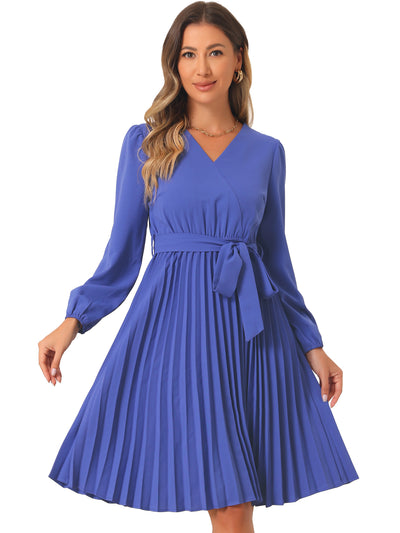 Puff Long Sleeve Flowy A-Line Tie Waist Pleated Midi Dress