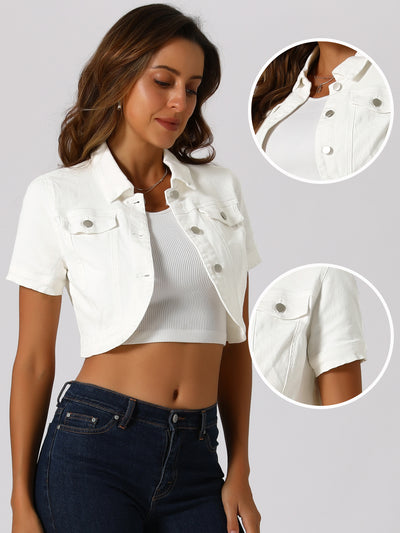 Casual Denim Turndown Collar Short Sleeves Crop Jean Jackets