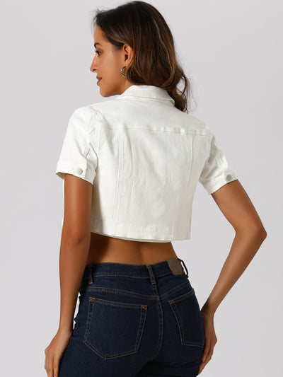 Casual Denim Turndown Collar Short Sleeves Crop Jean Jackets